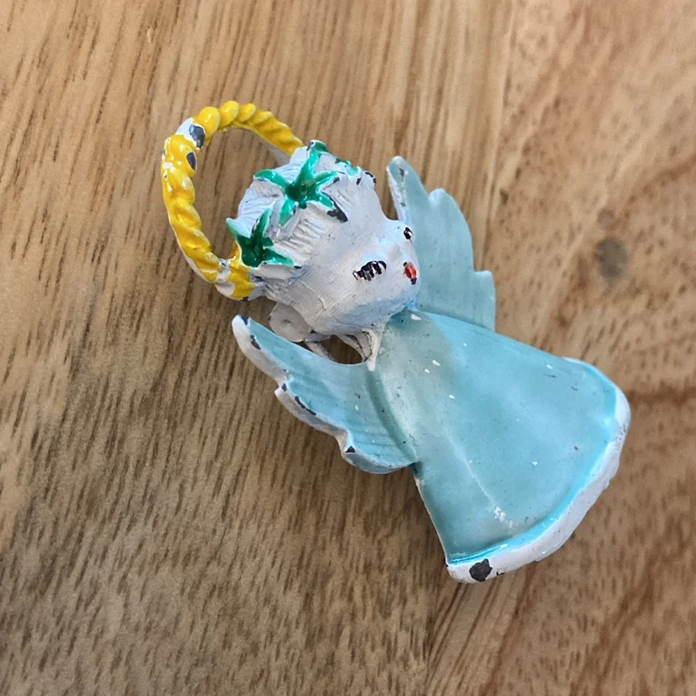 Vintage angel brooch halo light green dress and wings Christmas pin